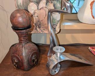 LEATHER COVERED DECANTER, 2 MID-CENTURY MODERN ART NOUVEAU CANDLEABRAS