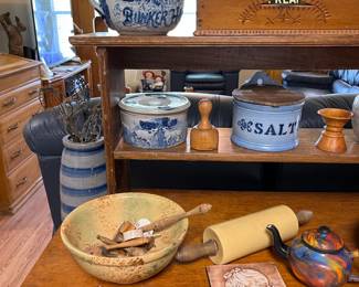 Yellow Ware rolling pin, stoneware, graniteware