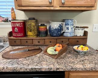 Stoneware, stone fruit, antique primitive counter top cabinet