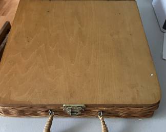 Vintage portable lap writing drawing desk wicker wood gold turn lock handle.