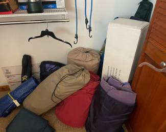 Camping items - sleeping bags, tents, fold-up chairs, coolers and more.