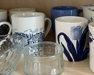 Blue and white coffee mugs.