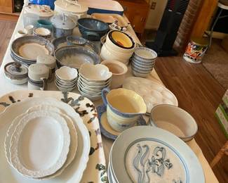 Assorted blue and white dishes.