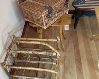 Covered basket and bamboo magazine rack.