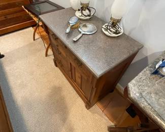 Antique four-piece bedroom set, made in Amish Country. King size bed, bureau and two night stands.