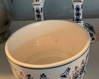 Blue and whit bowl and candle holders.