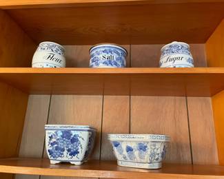 Blue and white pots.
