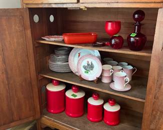 Red cannister set, dishes, glasses and miscellaneous red pieces 