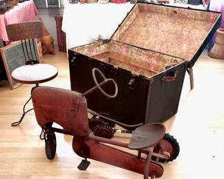Steamer Trunk, Antique Pedal Tractor, Industrial Drafting Stool