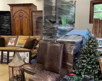 Leather Parson Chairs, Lanterns, Trees 