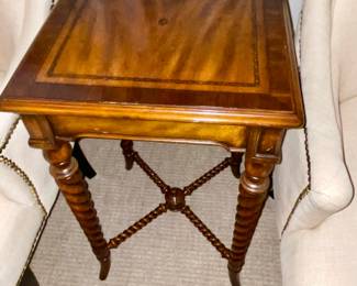 Maitland Smith Side Table w/Marquetry Inlay and Barley Twist Legs & Stretcher 