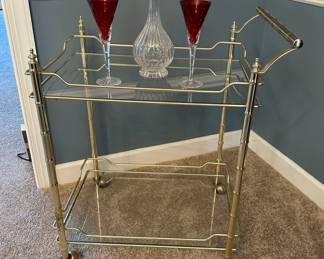 Vtg. Brass and class bar cart