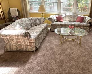 Vtg. Living room set with brass with glass coffee table and two side tables