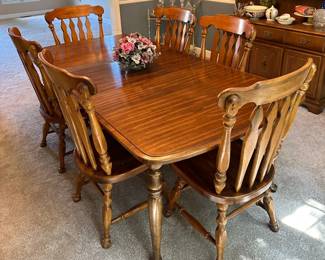 Basset dining room table with 6 chairs, table protector and 2 extensions