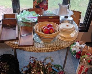 Cabbage cutters/ Jewlery /Glass dresser tray/ Vintage Perfume bottles/ Totes of Christmas all one price.