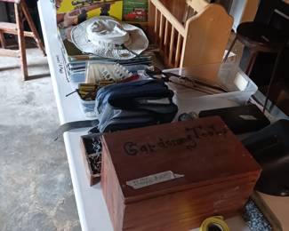 Records/ Gun accessory / Vintage wood organizer with miscellaneous nails/ Welding Helment, 