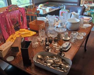 Collectible glassware/ Silverplate/ Long Table chairs
