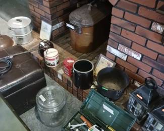 Crocks/ Copper tub & lid/ Tool box with tools.