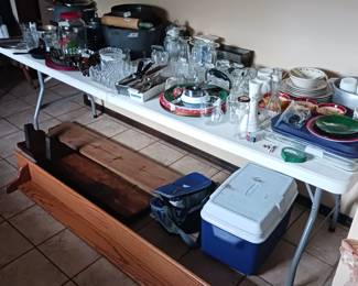 Pots and pans/ Collectible glass/ coolers/ shelving