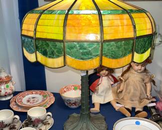 Antique stained glass and bronze base lamp