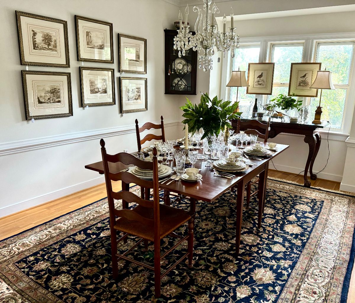 Antique Bird Etchings, Marble Top Buffet/Console, Dreamy Persian Rug, ANtique Corner Cabinet, Gilt Lamps, Serving Pieces galore