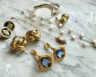 YSL &  Givenchy earrings, 14kt Pearl Necklace , 14 kt Gold Cameo necklace, Sterling silver cuff...