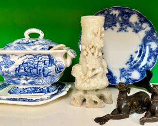 Rare Jade pieces, flow blue, tons of beautiful blue and white serving pieces