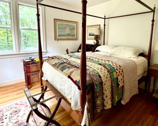 Gorgeous 4 post bed - full size...layered with antique quilts...4 John Barber litho's