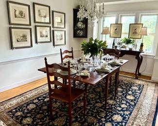 Antique Bird Etchings, Marble Top Buffet/Console, Dreamy Persian Rug, ANtique Corner Cabinet, Gilt Lamps, Serving Pieces galore