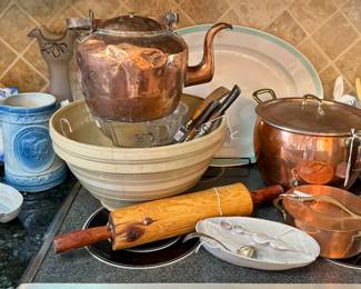 pottery, copper, old kitchen tools, crocks...