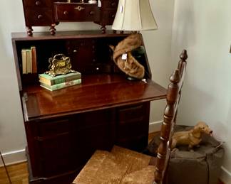 Secretary, shaving mirror (with super old wavy glass), cane chairs and cute knick knacks