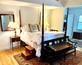 Full size 4 post bed with like new mattress and box spring, Henkel Harris side tables, antique mirror, stunning porch bench, down comforters, custom pillows and ART