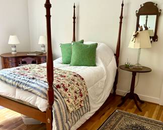 4 post twin bed , WIlliamsburg mirrors, desks, rugs and a host of super neat antique side tables/trunks