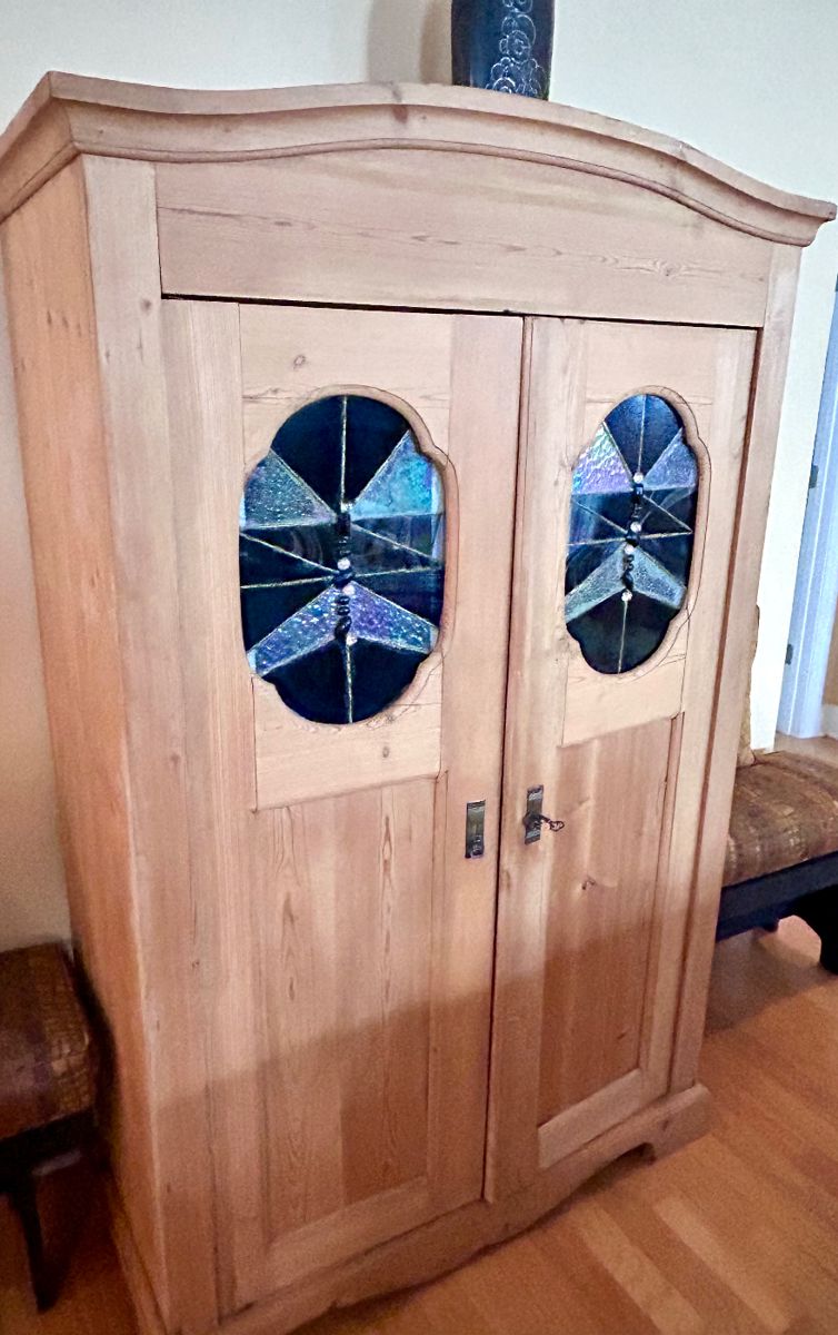 Natural Pine Cabinet with Stained Glass Insets