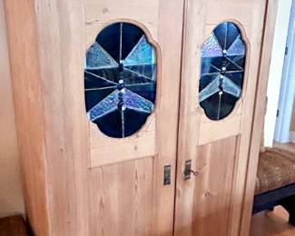 Natural Pine Cabinet with Stained Glass Insets