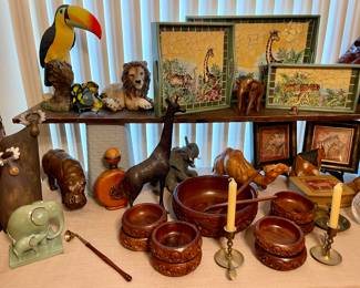 Vintage Wooden Carved Salad Set Made in Thailand, Fun Safari Style Decor