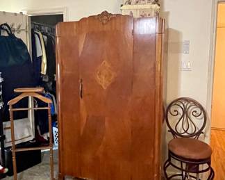Antique Armoire, Gentleman’s Valet, Metal Stool