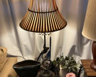 Pair of Monkey Lamps with bamboo shades