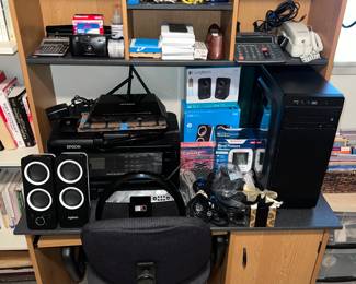 Office supplies, Computer Speakers, Gaming computer, Epson printer, office desk