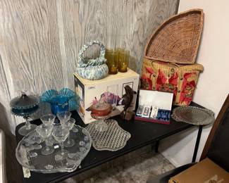Murano glass, crystal, Indiana glass, wicker rattan basket, libbey