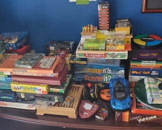 Games, remote cars, cameras, art supplies, home school supplies. 