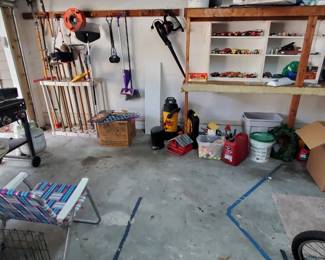 Yard tools, golf clubs/balls. 