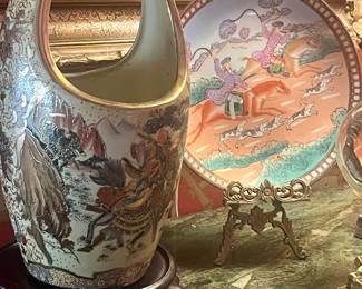 Satsuma porcelain basket and old Persian hunt scene plate