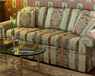 Henredon glass top brass coffee table and wonderful damask sofa