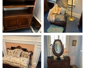 Empire Chest and slipper sofa, Bookshelf and Rocker