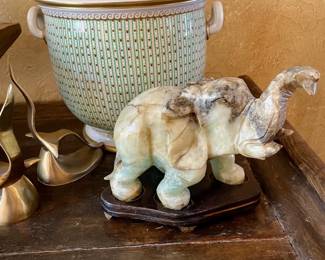 Stone Elephant on stand, brass bird bookends and Italian gold rimmed porcelain pot by Mangani