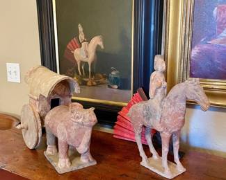 Chinese ox and cart reminiscent of the Tang Dynasty, Chinese horse and rider reminiscent of the Wei Dynasty, "Wei Dynasty Relic" 20x16 oil painting by award winning artist James Bruce