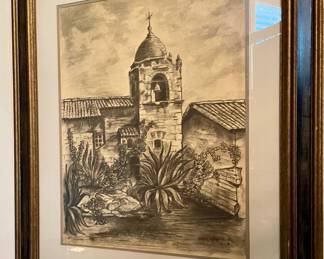 San Carlos Borromeode mission in Carmel-by-the-sea charcoal by award winning artist James Bruce