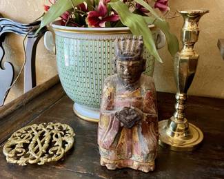 Ancient carved wood Chinese emperor,  Italian porcelain gold rimmed pot by Mangani, brass trivet and brass candle stick.