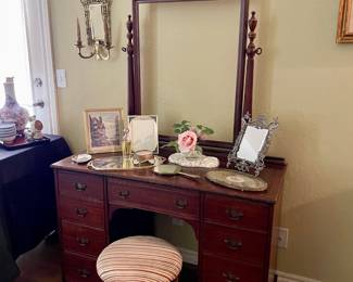 Duncan Phyfe vanity with gorgeous treasure on top including a vintage mirror by Edgar Berebi encrusted with Swarovski crystals and a mother of pearl back.